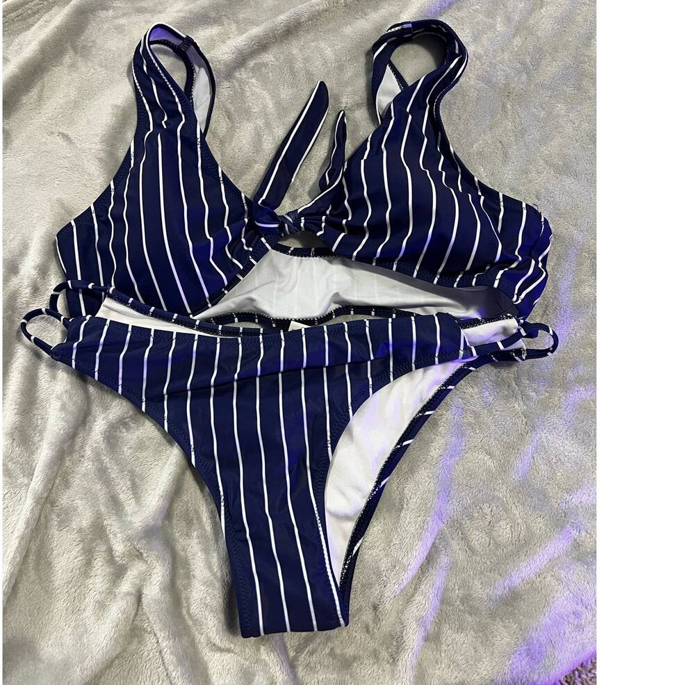 Knot Front Cutout Stripe Bikini, Navy pinstripe, Large